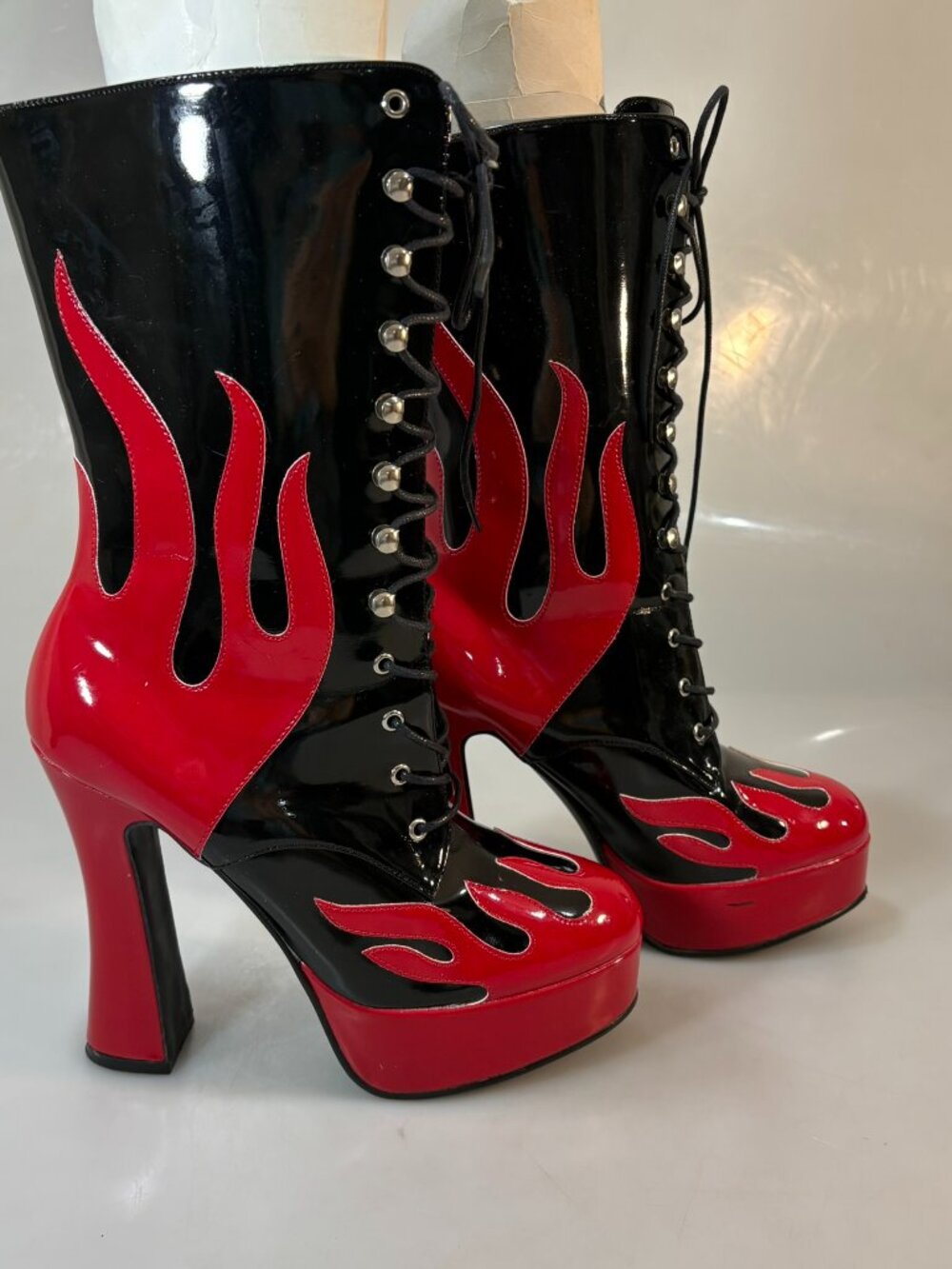 Pleaser 9 Black Red Patent Flame Lace-Up 5" Platform Heels Boots Easy 3010 - Picture 4 of 9